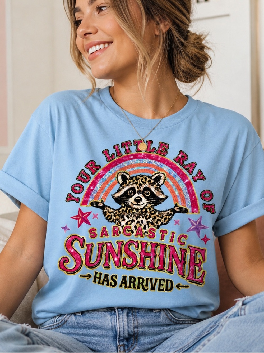 Graphic Tee Sarcastic Sunshine Raccoon Shirt Size M Gildan Blue Funny Cute